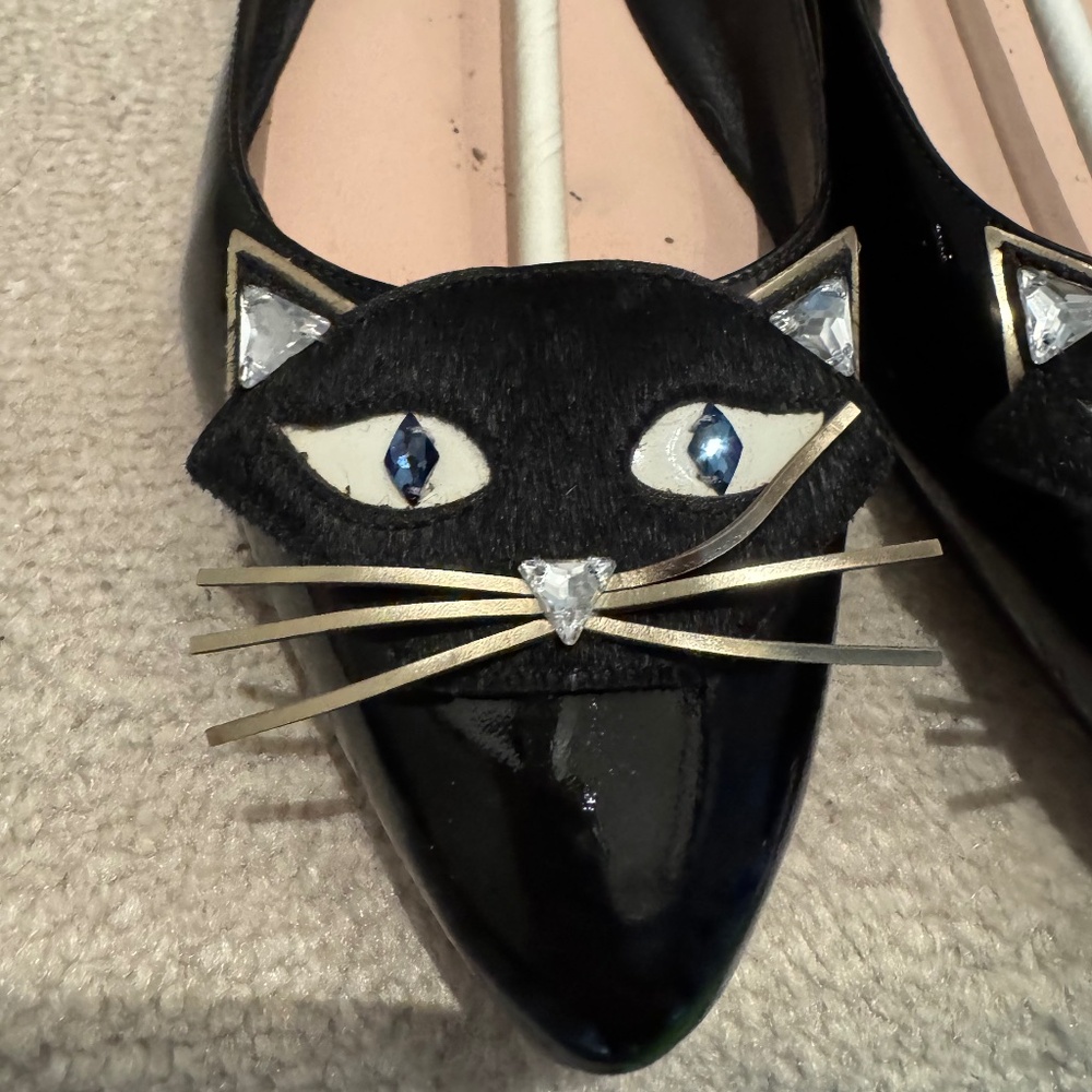 RARE kate spade NATASHA Black Patent Pointed-Toe Cat Face Flats - Picture 5 of 12